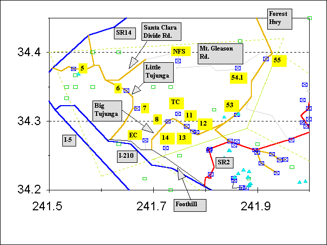 map showing hikes in Tujunga area of SGM