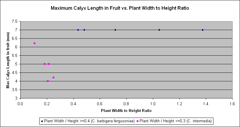 Plot of maximum calyx length in fruit vs. the width to height ratio of the entire plant